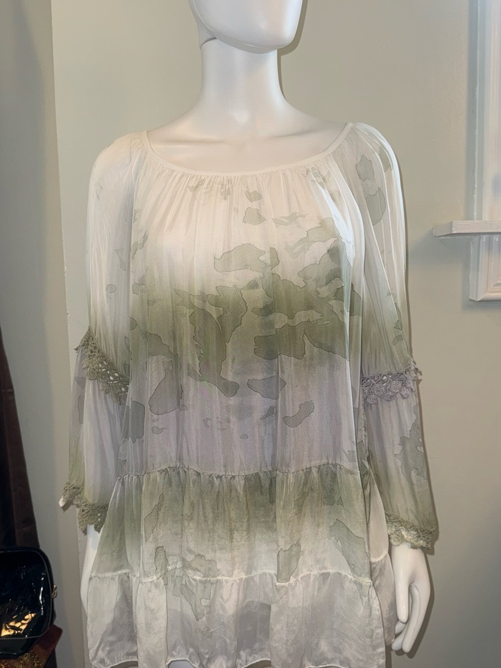 Tempo Paris Olive and Ivory Watercolor Peasant Tunic